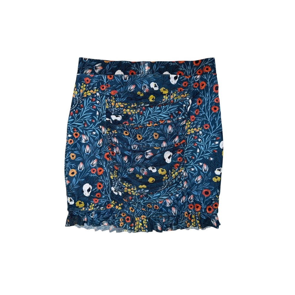 Free People Mini Skirt Womens S Blue Floral Ruched Mesh‎ Ruffle OB1180582